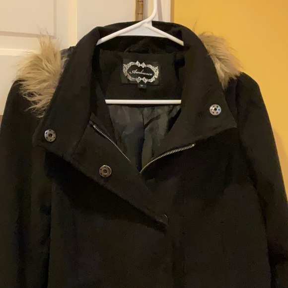 Ambience black pea coat with faux fur trimmed hood, medium. - Picture 2 of 5